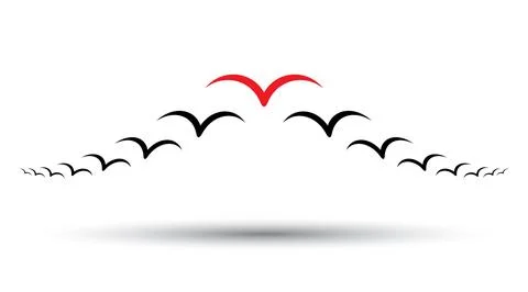 Vector illustration of bird flock: red leader stands out  of black, symboli.. Stock Illustration
