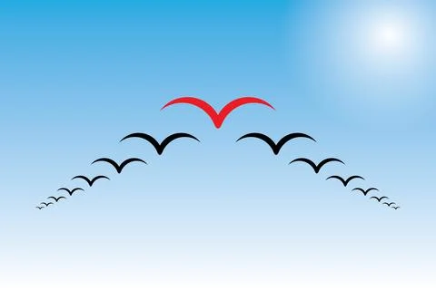 Vector illustration of bird flock: red leader stands out  of black, leadershi Stock Illustration