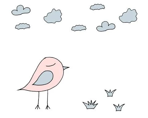 Vector illustration, bird, grass and clouds, color print, doodling for paper  스톡 일러스트