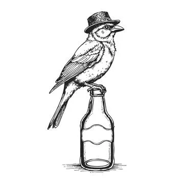 Vector illustration of a bird in the hat sitting on beer bottle. Stock Illustration