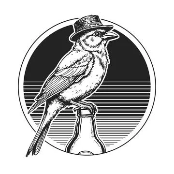 Vector illustration of a bird in the hat sitting on beer bottle. Stock Illustration