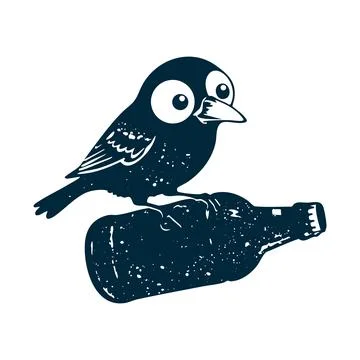 Vector illustration of a bird sitting on beer bottle. Black and white mascot. Stock Illustration