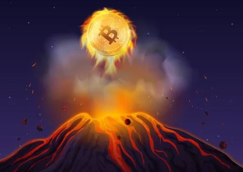 Vector illustration of bitcoin in fire flying out of volcano at night. Bitcoin Stock Illustration