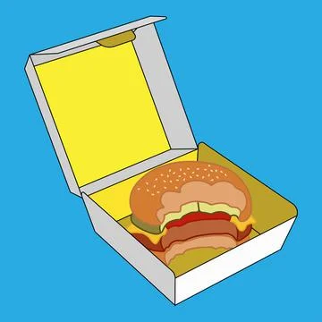 Vector illustration of a bitten hamburger in a box filled with boiled meat an Stock Illustration