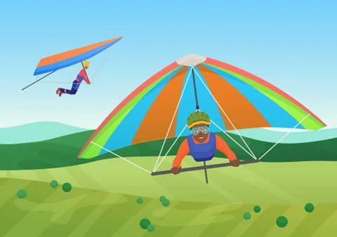 Vector illustration of black and white people flying on deltaplanes in sky under Stock Illustration