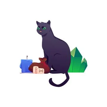 Vector illustration of black cat, crystals, runes and candle in flat style. Stock Illustration