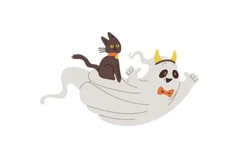 Vector illustration of a black cat on a cute ghost with horns and a bow tie. Stock Illustration