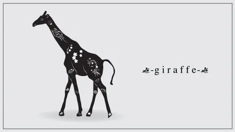 Vector illustration of a black giraffe with white flowers and plants. EPS 10. Stock Illustration