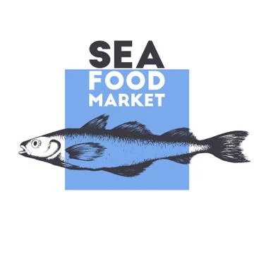 Vector illustration with black hand drawn fish label isolated on white backgr Stock Illustration