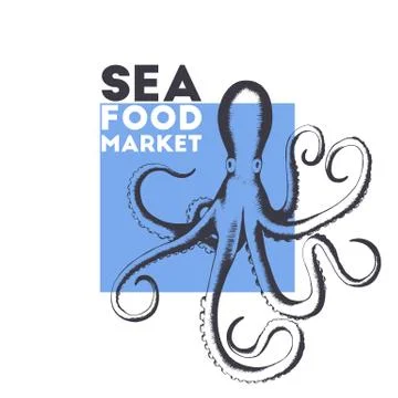 Vector illustration with black hand drawn octopus label isolated on white bac Stock Illustration