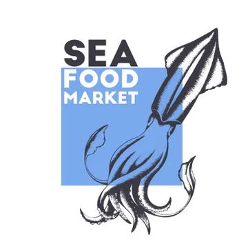 Vector illustration with black hand drawn squid label isolated on white backg Stock Illustration