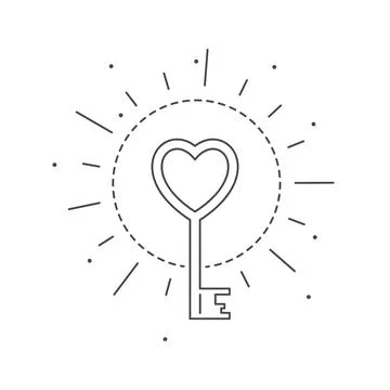Vector illustration of black line magic key in heart shape icon isolated on w Stock Illustration