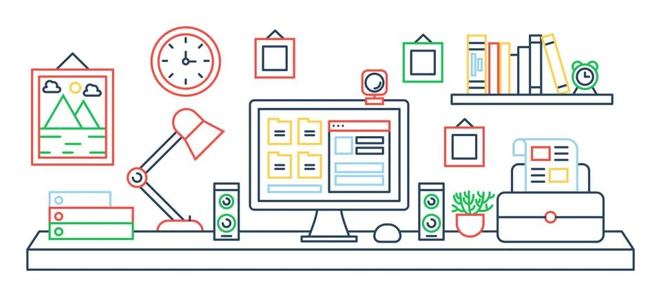 Vector illustration of black line single colored office table with computer 스톡 일러스트