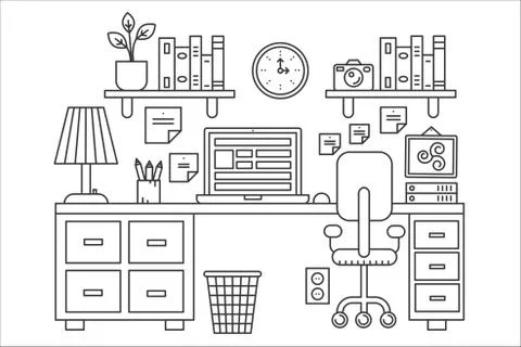 Vector illustration of black line single colored office table with computer イラスト素材