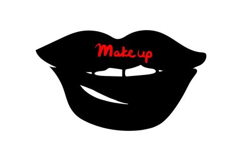 Vector illustration of black lips with teeth, with Lettering Makeup. Hand drawn. Illustrazione stock