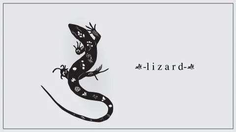 Vector illustration of a black lizard with white flowers and plants. EPS 10. Stock Illustration