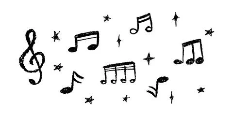 Vector illustration of black music notes and stars in charcoal scribble style Stock Illustration