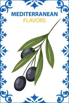 Vector Illustration of Black Olives on Branch with Mediterranean Style Border 스톡 일러스트