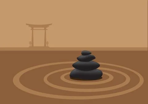 Vector illustration of black pebbles stacked in the middle of sand garden and Stock Illustration