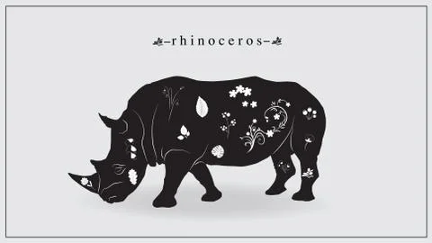Vector illustration of black rhinoceros with white flowers and plants. EPS 10. Stock Illustration