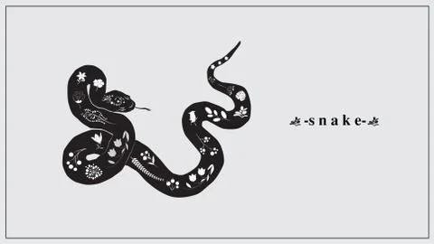 Vector illustration of a black snake with white flowers and plants. EPS 10. Stock Illustration