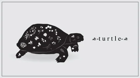 Vector illustration of a black turtle with white flowers and plants. EPS 10. Stock Illustration