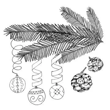 Vector illustration black on white. Christmas decorated fir tree. Christmas b Stock Illustration