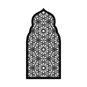 Vector illustration of black window with arabesques, oriental frame. Stock Illustration