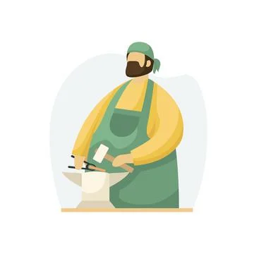Vector illustration of a blacksmith with a hammer, tongs and an anvil. Profes Illustrazione stock