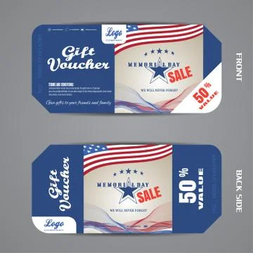 Vector illustration of blank gift voucher of Memorial Day Sale on blue back.. Stock Illustration