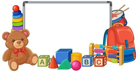 Vector illustration of a blank whiteboard frame with teddy bear, blocks, and  库存插图
