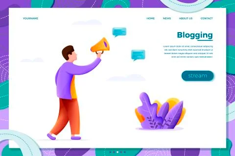 Vector illustration blogging concept - man with speaker, isolated on white Stock Illustration