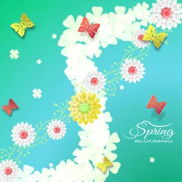 Vector illustration of Blooming Spring on the gradient green and blue backg.. Stock Illustration