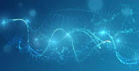 Vector illustration of blue background with glowing particles flow and bokeh. 스톡 일러스트