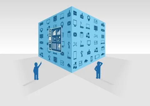 Vector illustration of blue big data cube on grey background. Stock Illustration