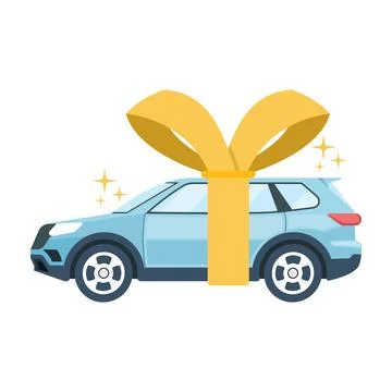 Vector illustration of blue car wrapped with yellow ribbon, car gift concept Stock Illustration