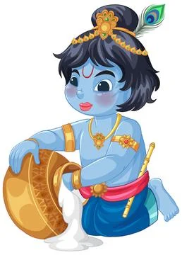 Vector Illustration of a Blue Child Deity Pouring Butter from a Pot Stock Illustration