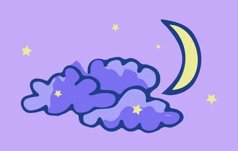 Vector illustration of blue clouds and yellow moon with stars. Ilustração Stock