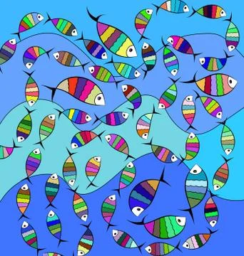 Vector illustration blue colored image of abstract waves with fish Stock Illustration