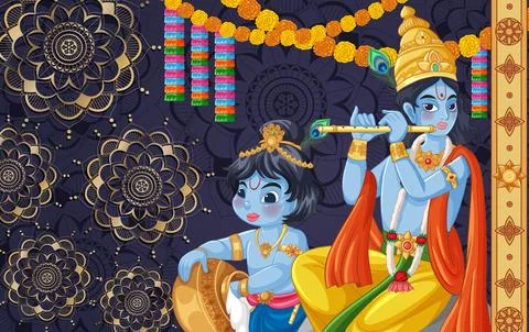 Vector Illustration of Blue Deities with Flute and Butter Pot 스톡 일러스트