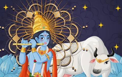 Vector Illustration of Blue Deity Playing Flute Beside White Cow 스톡 일러스트