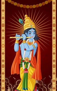 Vector Illustration of Blue Deity Playing Flute with Golden Crown 스톡 일러스트