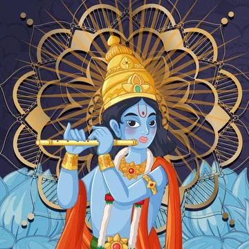 Vector Illustration of Blue Deity Playing Flute with Mandala Background Stock Illustration