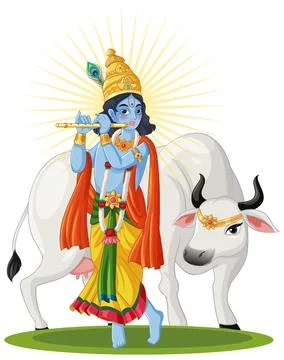 Vector Illustration of Blue Deity Playing Flute Beside White Cow Stock Illustration