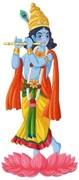 Vector Illustration of Blue Deity Playing Flute on Lotus Flower Ilustración de archivo