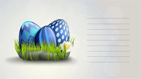 Vector illustration of blue eggs in grass near stones with daisies Stock Illustration