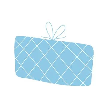 Vector illustration of blue gift box in cartoon flat style. Hand drawn box wi Stock Illustration