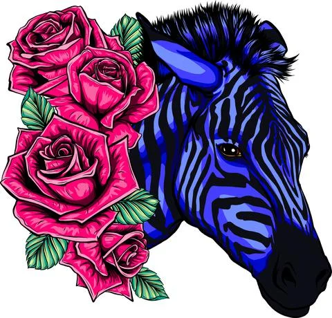 Vector illustration blue head zebra with pink roses Stock Illustration