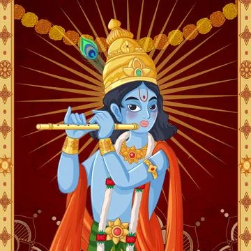 Vector Illustration of Blue Hindu Deity Playing Flute with Golden Crown Stock Illustration