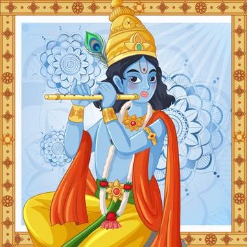Vector Illustration of Blue Hindu Deity Playing a Golden Flute 스톡 일러스트